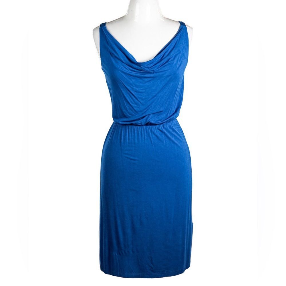 Kenar Cowl Neck Waist Defined Sleeveless Dress Knee Length Cobalt Blue Medium
